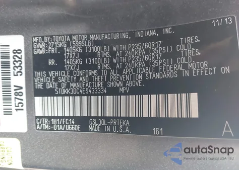 2014 Toyota Sienna Le V6 8 Passenger из США, поврежденный, VIN 5TDKK3DC4ES433334